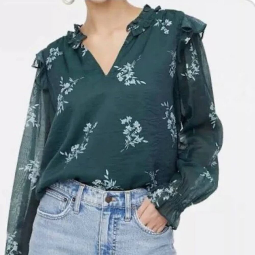J. Crew Factory | Green Teal Floral Ruffle V Neck Lined Blouse Size XS Petite